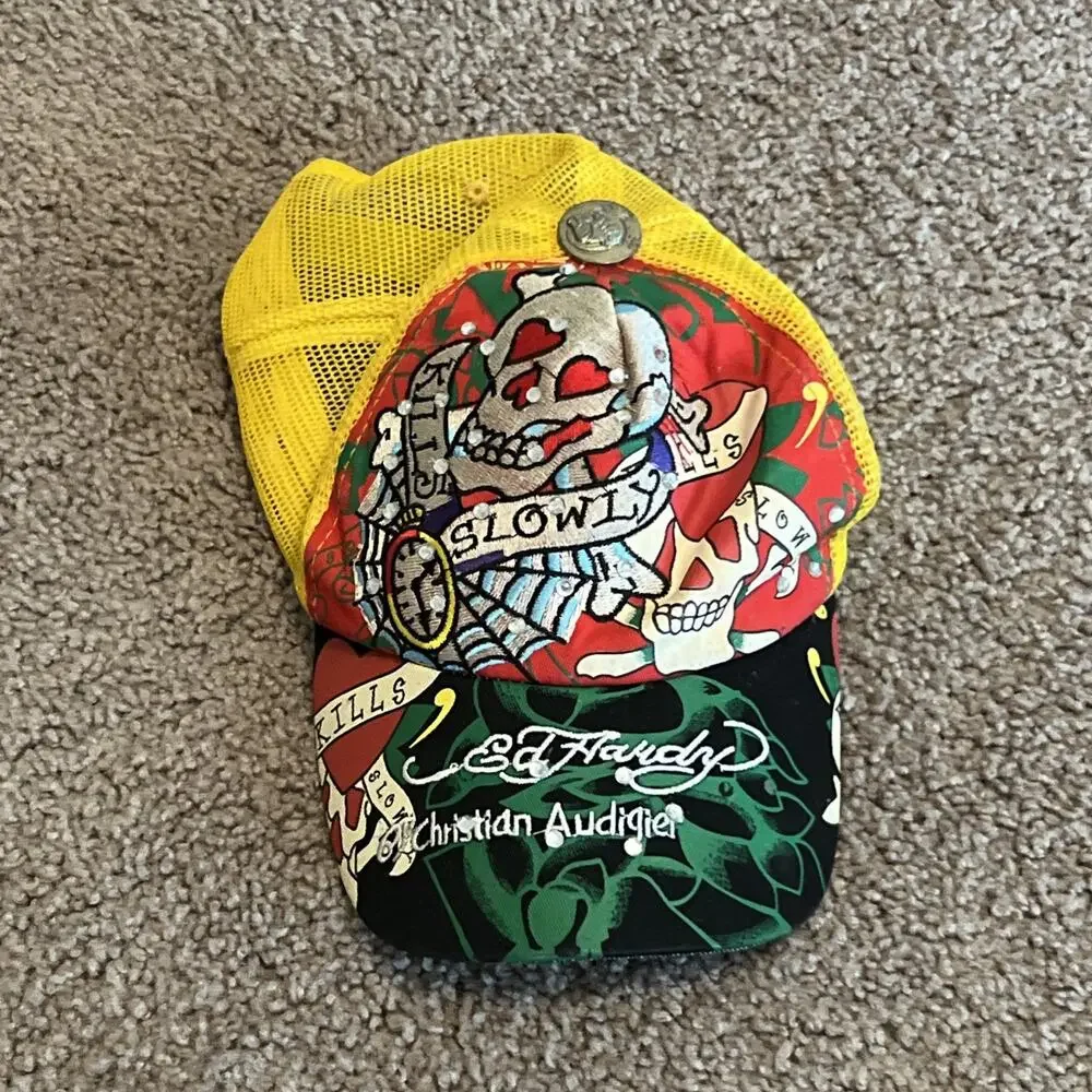 Ed Hardy Christina Audigier Love Kills Slowly White Red Trucker Hat Cap EUC